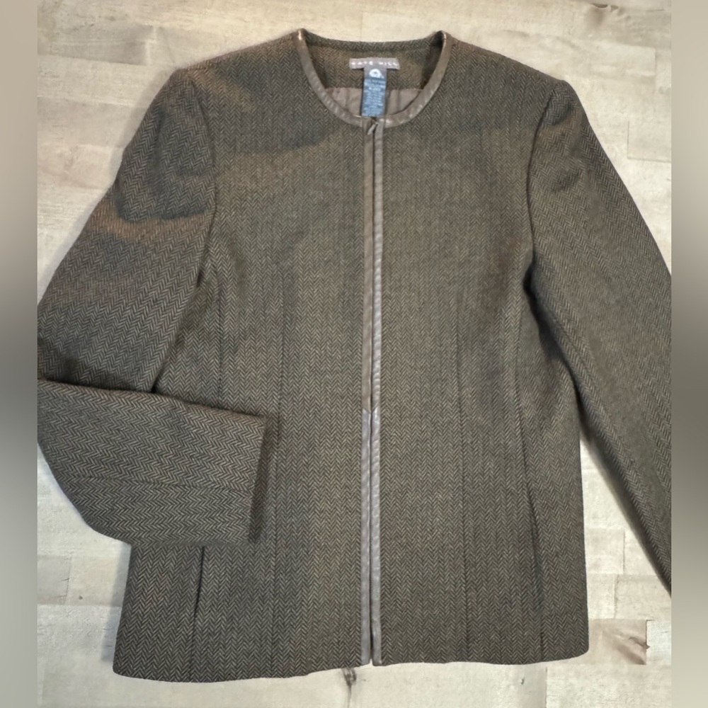 Kate Hill wool blend Taupe Herringbone Jacket faux leather accents